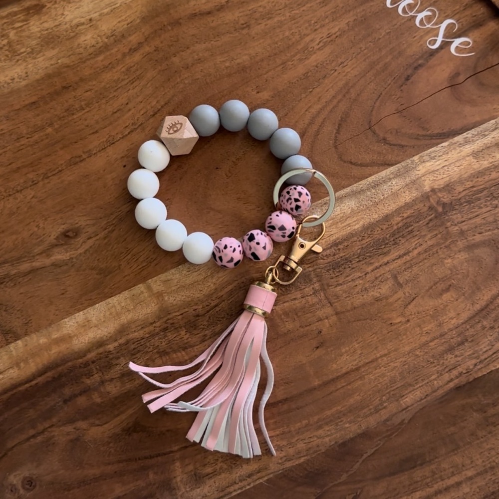 Terrazzo silicone bead keychain with tassel and evil eye wooden bead